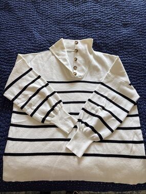 Button-Front Funnel Neck Striped Sweater - White/Black